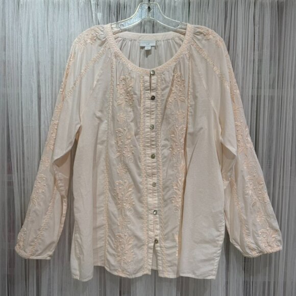 J. Jill Womens Pink Woven Cotton Floral Embroidered Button Up Tunic Size Large - Picture 1 of 14